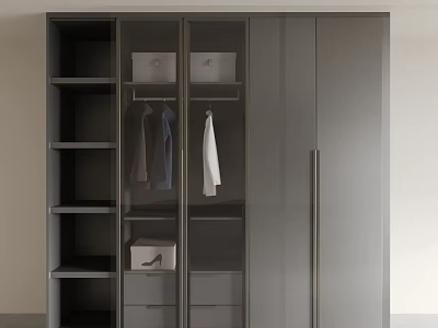 Modern Gray Wardrobe Design With Open Shelves Hanging Rod Drawers And Storage Box 3d model