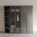 Modern Gray Wardrobe Design With Open Shelves Hanging Rod Drawers And Storage Box