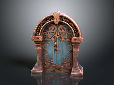 Ornate Copper Arched Door With Intricate Carvings Detailed Metal Texture And Decorative Frames 3d model