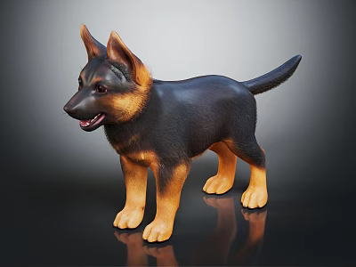 Black and Tan German Shepherd Puppy Standing on Dark Shiny Floor with Friendly Expression 3d model