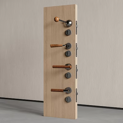 Various Designed Door Handles Mounted On Wooden Door Panel With Metal Bases 3d model