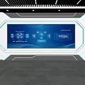 Modern Tech Interior With Large Blue Data Visualization Screen And Geometric Decor
