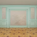 Light Blue Wainscoting Around Sliding Doors With Herringbone Wood Floor And Outdoor Green View