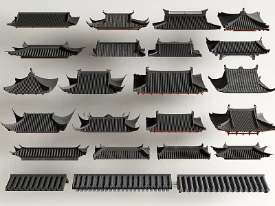 Traditional Chinese Roof Tile Components With Various Ornamental Styles And Classic Architecture Elements 3d model