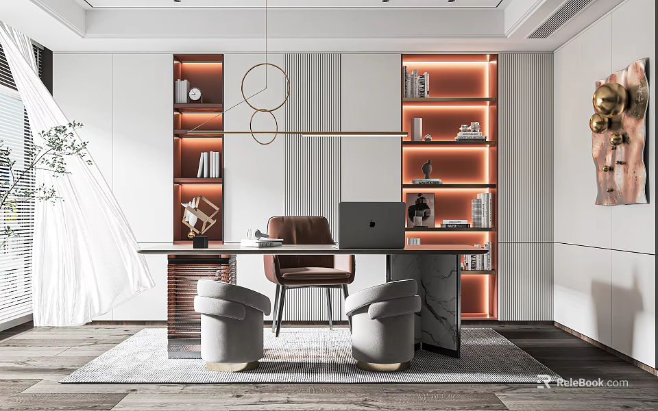 Modern Study Room Interior With Illuminated Shelves Leather Chair And Decorative Lighting 3d model 