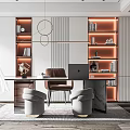 Modern Study Room Interior With Illuminated Shelves Leather Chair And Decorative Lighting