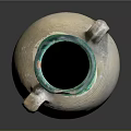 Hand Carved Ceramic Sculpture With Two Handles Green Rim And Terracotta Textured Surface