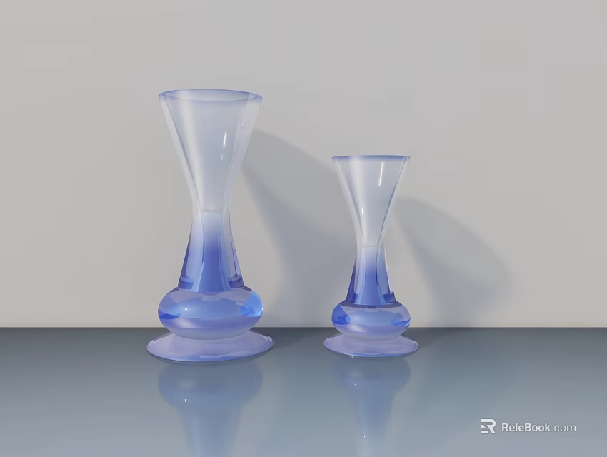 Blue And White Gradient Glass Vases Placed On Gray Table With Light Gray Wall Background 3d model 