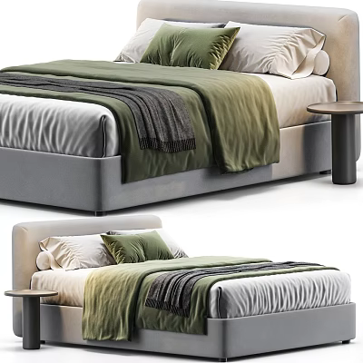 Double Bed Gray Upholstered Frame Green Comforter Gray Throw Blanket White Green Pillows and Nightstand 3d model