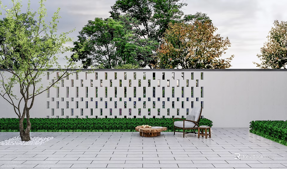 White Perforated Lattice Feature Wall with Greenery Outdoor Chair Coffee Table and Gray Tiled Floor 3d model 