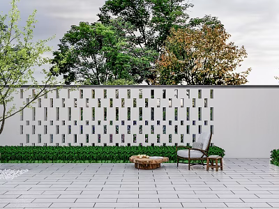 White Perforated Lattice Feature Wall with Greenery Outdoor Chair Coffee Table and Gray Tiled Floor 3d model