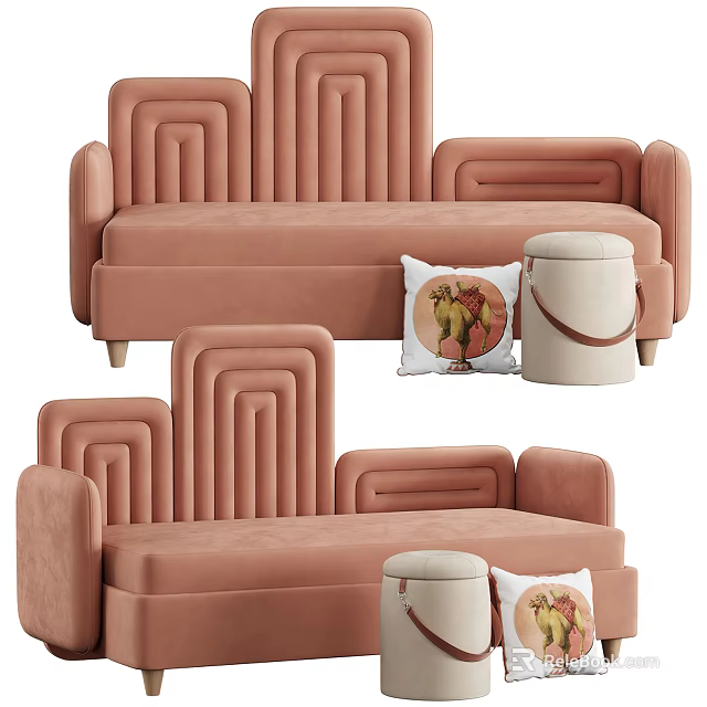 Modern Pink Velvet Living Room Sofa Set With Geometric Design Pillows And Ottoman 3d model 