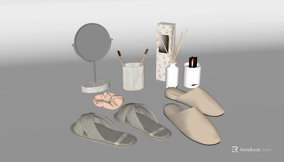 Practical Bathroom Accessories Including Mirror Makeup Brushes Slippers Aromatherapy Bottle and Towel 3d model 