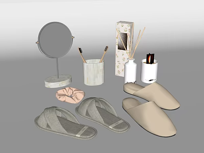 Practical Bathroom Accessories Including Mirror Makeup Brushes Slippers Aromatherapy Bottle and Towel 3d model