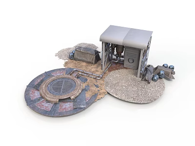 Industrial Facility Model With Small Building Circular Platform Pipes And Gravel Ground 3d model