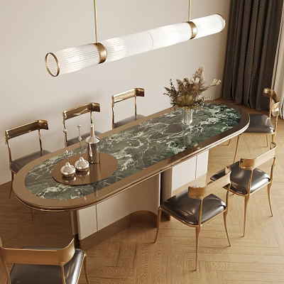 Modern Table And Chair Set With Green Marble Tabletop Golden Legs And Vase With Flowers 3d model