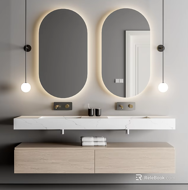 Modern Bathroom Vanity With Double Sinks Marble Countertop And Oval Mirrors 3d model 