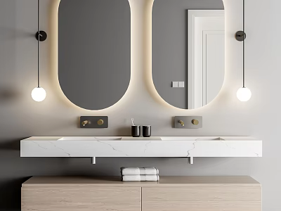 Modern Bathroom Vanity With Double Sinks Marble Countertop And Oval Mirrors 3d model