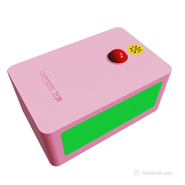 Pink Electronic Device Box With Red Button Yellow Logo And Green Panel 3d model