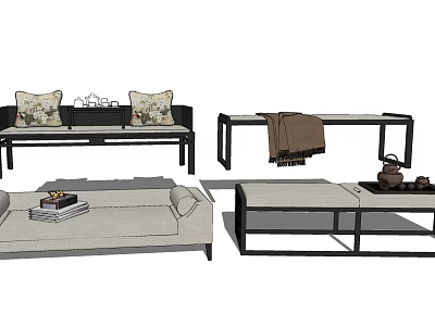 Modern Upholstered Footstool In Living Room With Sofa And Decorative Pillows 3d model