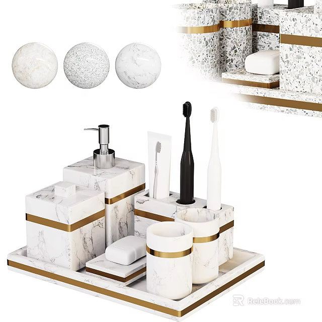 Bathroom Accessories With Marble Texture White And Gold Soap Dispenser Toothbrush Holder Cup Set 3d model 
