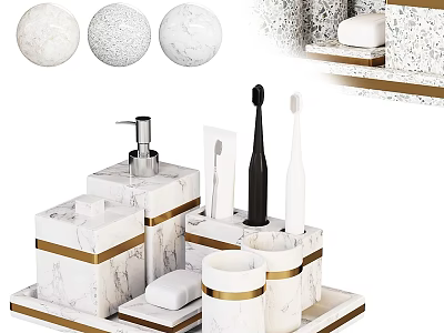 Bathroom Accessories With Marble Texture White And Gold Soap Dispenser Toothbrush Holder Cup Set 3d model