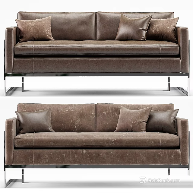 Contemporary Brown Leather Sofa With Decorative Pillows And Metallic Legs 3d model 