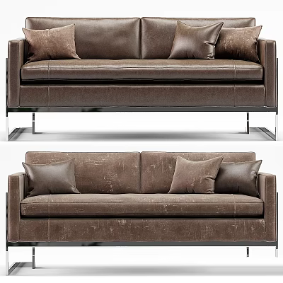 Contemporary Brown Leather Sofa With Decorative Pillows And Metallic Legs 3d model