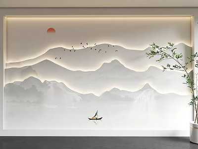 Chinese Style Sofa Background Wall With Landscape Red Sun Flying Birds And Boat 3d model