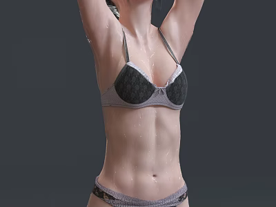 Woman in gray and black bikini with sweaty body raising arms showing toned abs 3d model