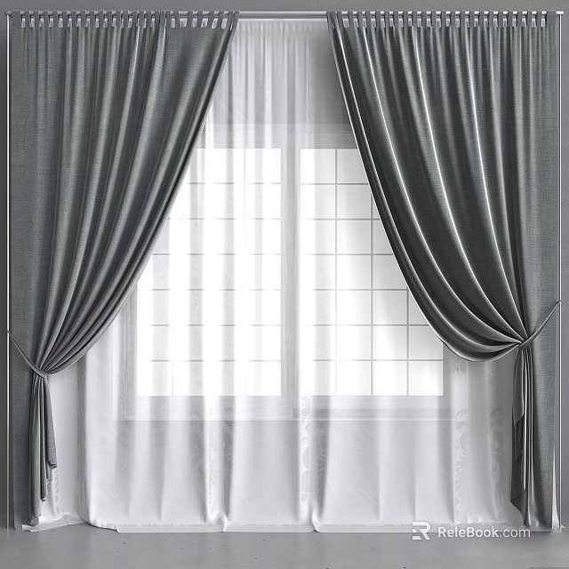 Elegant Gray Curtains With White Sheer Layers And Tied Sides For Window 3d model