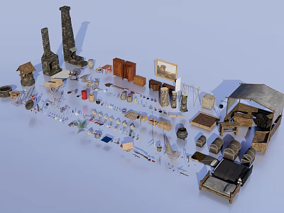 Public Facilities With Various Structural Components Tools And Small Buildings 3d model