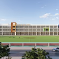 Modern School Building Exterior With Orange White Facade Track Playground and Students 3d model