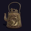 Elegant Antique Brass Teapot With Intricate Dragon Carvings And Decorative Handle
