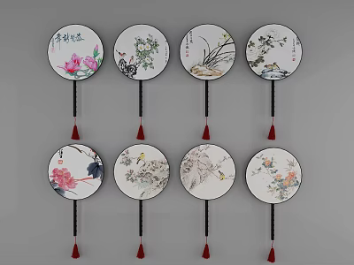 Round Hanging Decorations With Floral And Bird Patterns And Red Tassels 3d model