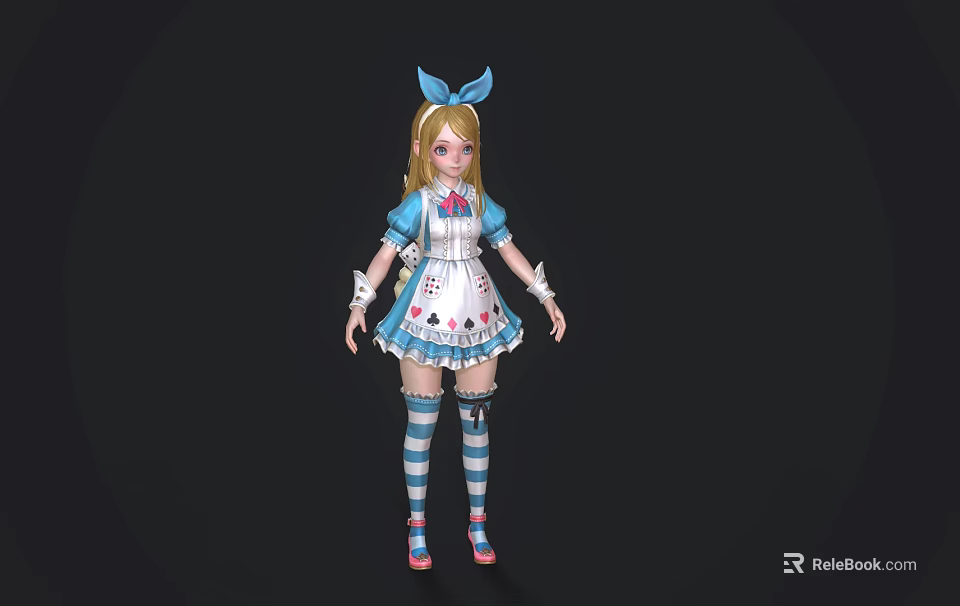 Woman With Blonde Hair Blue Bow Blue White Striped Dress Stockings And Playing Card Patterns 3d model 