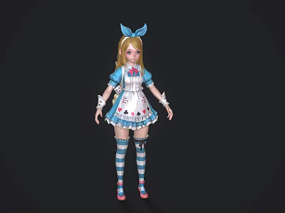 Woman With Blonde Hair Blue Bow Blue White Striped Dress Stockings And Playing Card Patterns 3d model