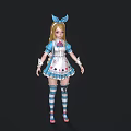 Woman With Blonde Hair Blue Bow Blue White Striped Dress Stockings And Playing Card Patterns