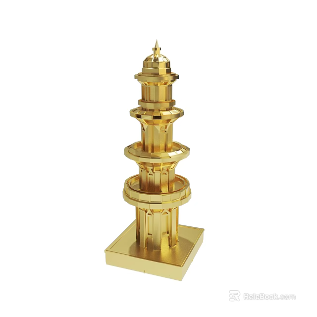 Golden Multi tiered Pagoda Model With Decorative Metal Structure And Square Base 3d model 
