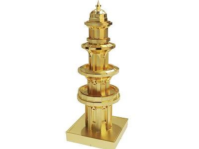 Golden Multi tiered Pagoda Model With Decorative Metal Structure And Square Base 3d model