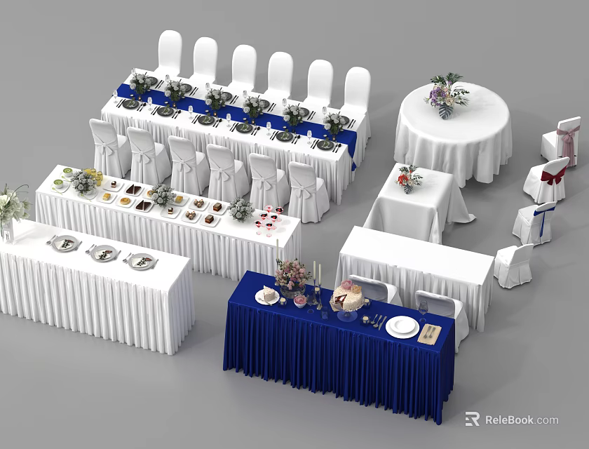 Wedding Reception Setup With White Chairs Blue White Tablecloths Flower Arrangements And Food 3d model 