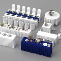 Wedding Reception Setup With White Chairs Blue White Tablecloths Flower Arrangements And Food