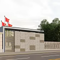 Gray Building Entrance Gate With Red Flags Trees And Road View