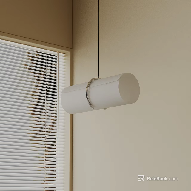 Modern White Cylindrical Pendant Light Hanging in Room with Window Blinds 3d model 
