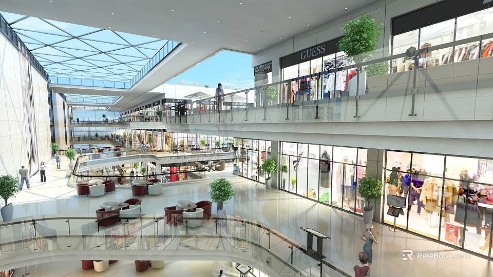 Shopping Mall Atrium With Glass Skylight Multi Level Shops Green Plants Seating Areas And People 3d model 