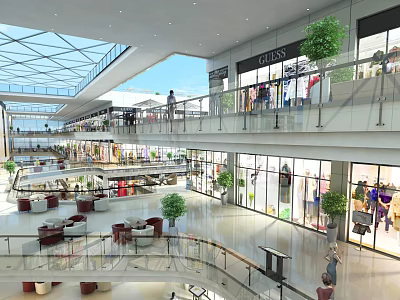 Shopping Mall Atrium With Glass Skylight Multi Level Shops Green Plants Seating Areas And People 3d model