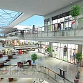 Shopping Mall Atrium With Glass Skylight Multi Level Shops Green Plants Seating Areas And People