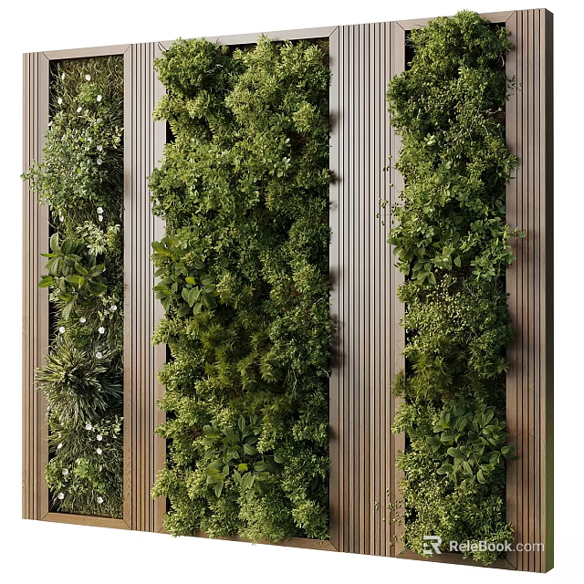 Decorative Ornament Set With Green Plant Wall And Wooden Stripes Background Vertical Greenery Design 3d model 