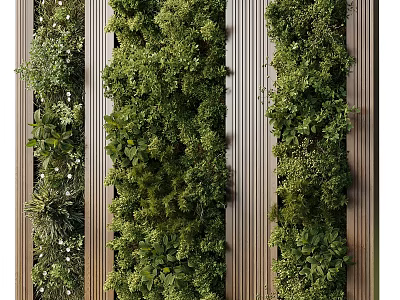 Decorative Ornament Set With Green Plant Wall And Wooden Stripes Background Vertical Greenery Design 3d model