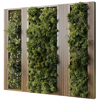 Decorative Ornament Set With Green Plant Wall And Wooden Stripes Background Vertical Greenery Design 3d model